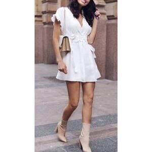 Zara Womens V Neck Side Tie Ruffle Mini Dress White Sz Small